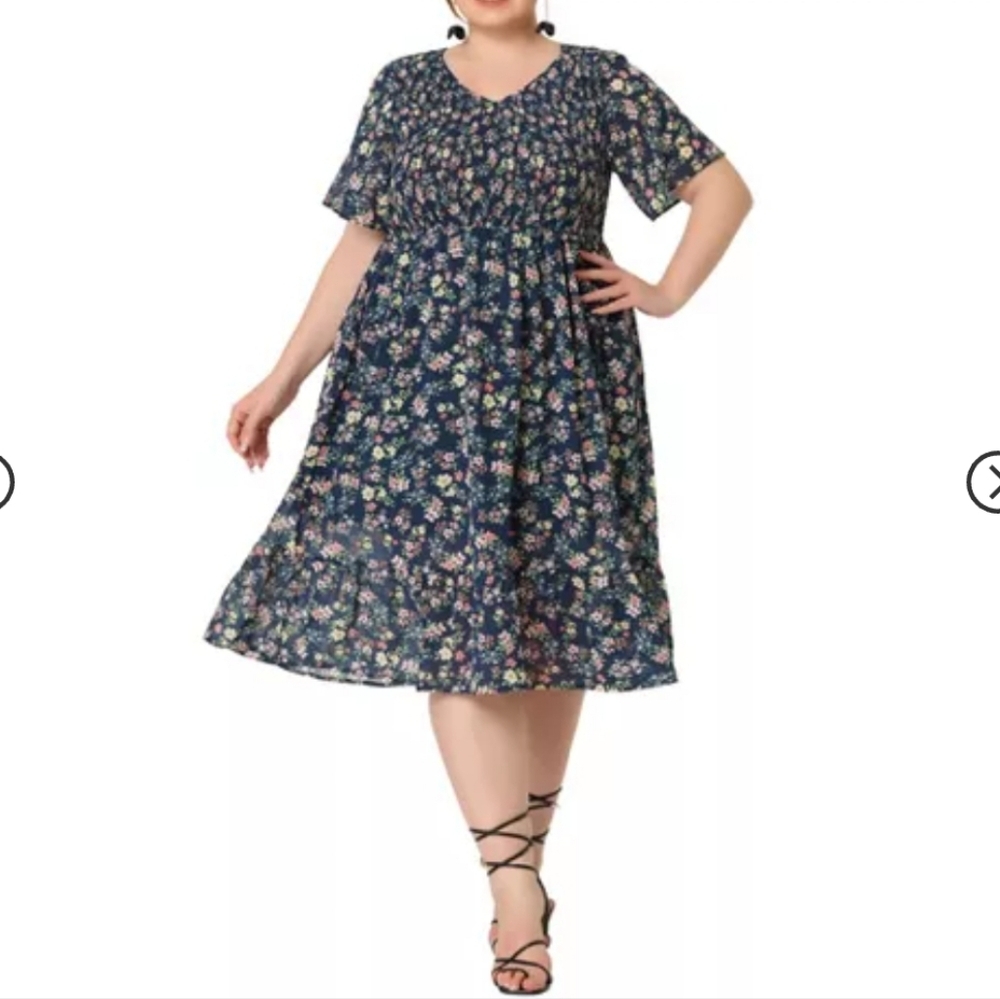 NWT Agnes Orinda Women's Plus Size Elegant Smocked Chiffon Floral Midi Sz. 1X